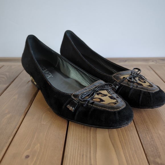 Prevata Black Leather/Suede Leopard Print Wedge Shoes - Picture 2 of 13